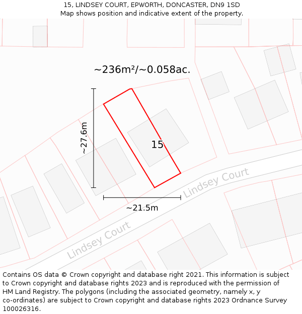 15, LINDSEY COURT, EPWORTH, DONCASTER, DN9 1SD: Plot and title map