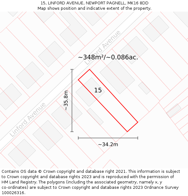15, LINFORD AVENUE, NEWPORT PAGNELL, MK16 8DD: Plot and title map