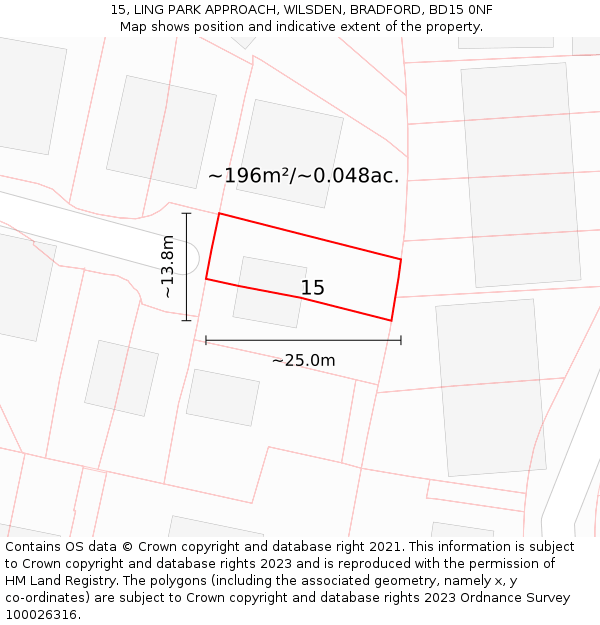 15, LING PARK APPROACH, WILSDEN, BRADFORD, BD15 0NF: Plot and title map