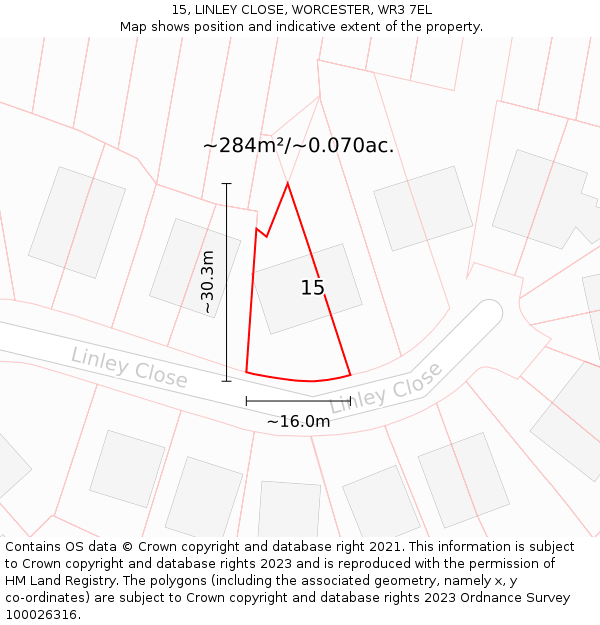 15, LINLEY CLOSE, WORCESTER, WR3 7EL: Plot and title map