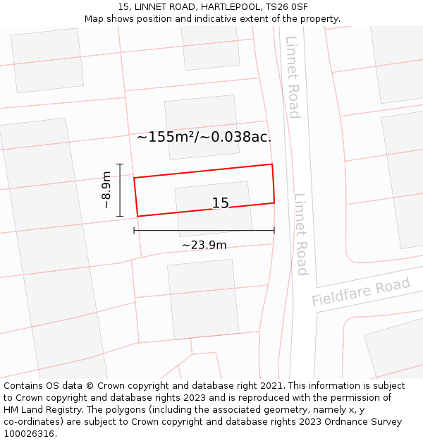 15, LINNET ROAD, HARTLEPOOL, TS26 0SF: Plot and title map