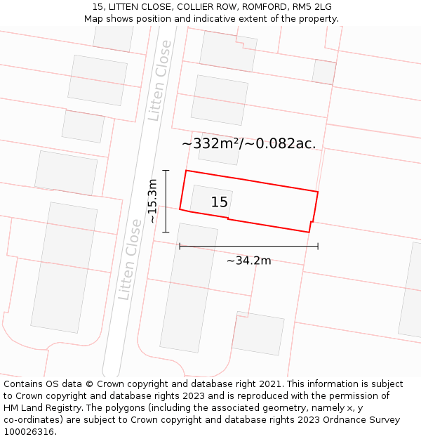 15, LITTEN CLOSE, COLLIER ROW, ROMFORD, RM5 2LG: Plot and title map