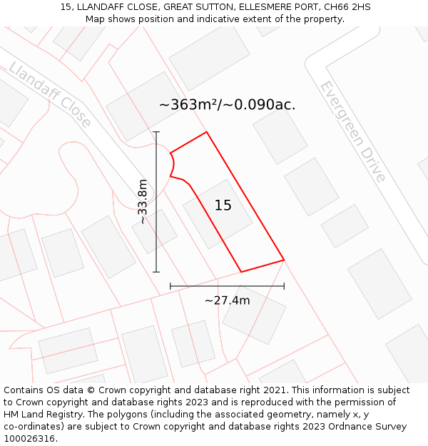 15, LLANDAFF CLOSE, GREAT SUTTON, ELLESMERE PORT, CH66 2HS: Plot and title map