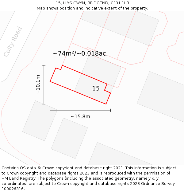15, LLYS GWYN, BRIDGEND, CF31 1LB: Plot and title map
