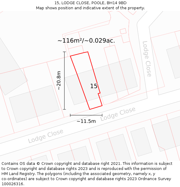 15, LODGE CLOSE, POOLE, BH14 9BD: Plot and title map