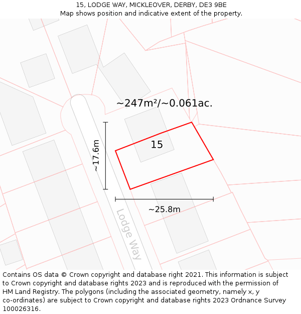 15, LODGE WAY, MICKLEOVER, DERBY, DE3 9BE: Plot and title map