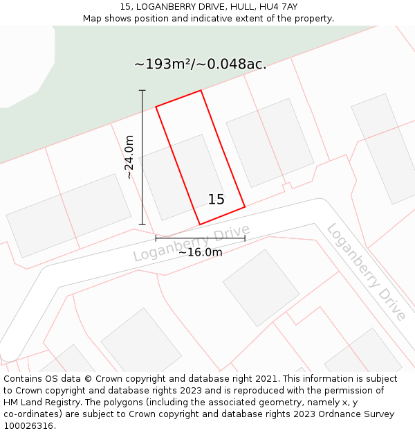 15, LOGANBERRY DRIVE, HULL, HU4 7AY: Plot and title map