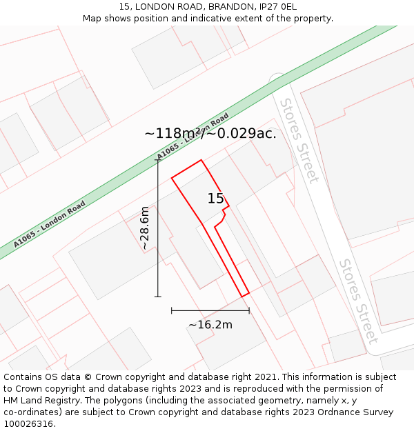 15, LONDON ROAD, BRANDON, IP27 0EL: Plot and title map