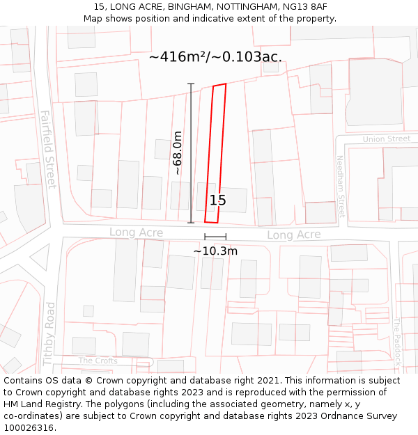 15, LONG ACRE, BINGHAM, NOTTINGHAM, NG13 8AF: Plot and title map