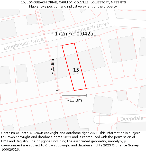 15, LONGBEACH DRIVE, CARLTON COLVILLE, LOWESTOFT, NR33 8TS: Plot and title map