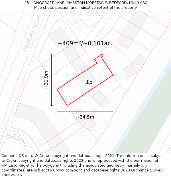 15, LONGCROFT LANE, MARSTON MORETAINE, BEDFORD, MK43 0RQ: Plot and title map