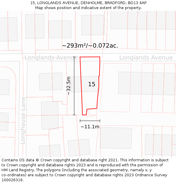 15, LONGLANDS AVENUE, DENHOLME, BRADFORD, BD13 4AP: Plot and title map