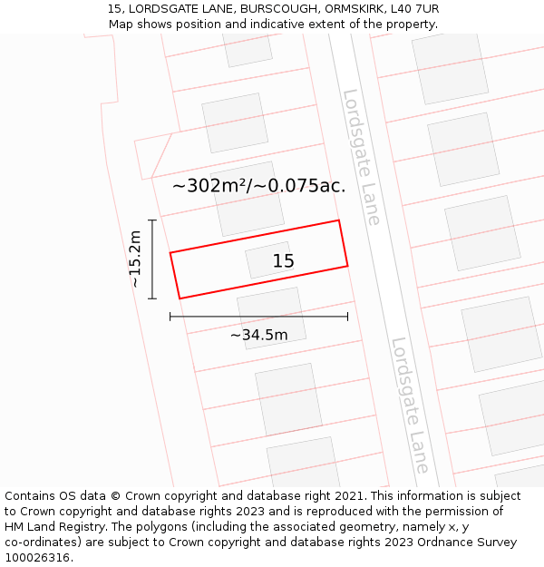 15, LORDSGATE LANE, BURSCOUGH, ORMSKIRK, L40 7UR: Plot and title map