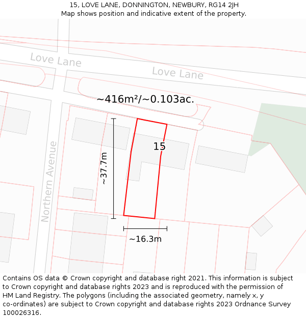 15, LOVE LANE, DONNINGTON, NEWBURY, RG14 2JH: Plot and title map
