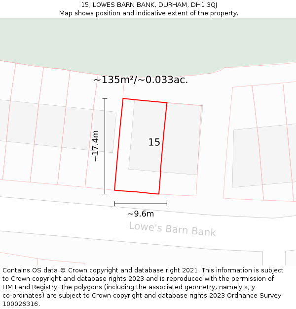 15, LOWES BARN BANK, DURHAM, DH1 3QJ: Plot and title map