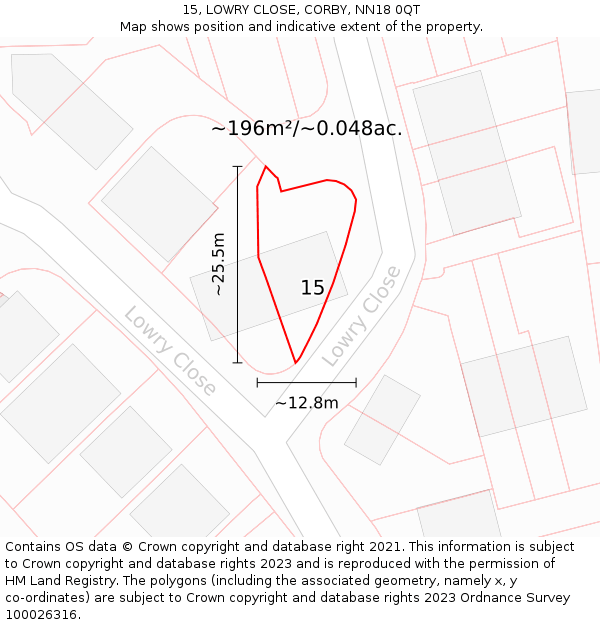 15, LOWRY CLOSE, CORBY, NN18 0QT: Plot and title map