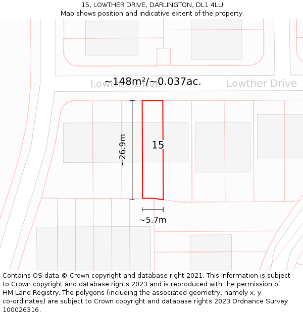 15, LOWTHER DRIVE, DARLINGTON, DL1 4LU: Plot and title map