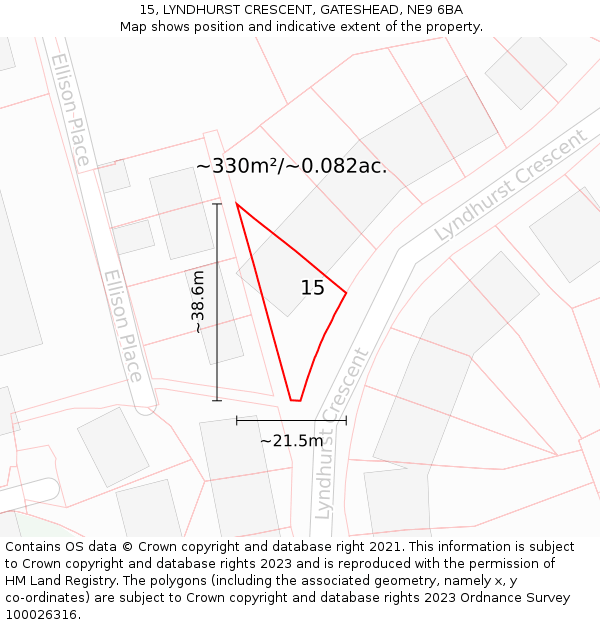 15, LYNDHURST CRESCENT, GATESHEAD, NE9 6BA: Plot and title map