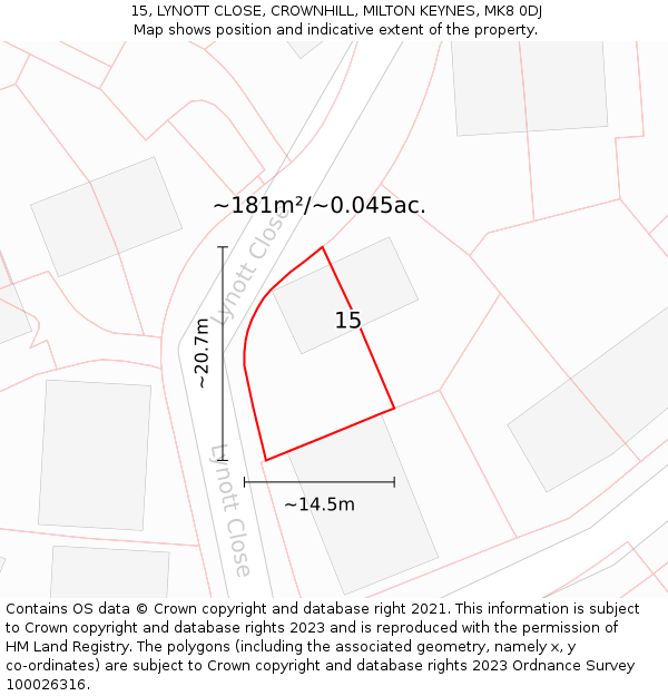 15, LYNOTT CLOSE, CROWNHILL, MILTON KEYNES, MK8 0DJ: Plot and title map