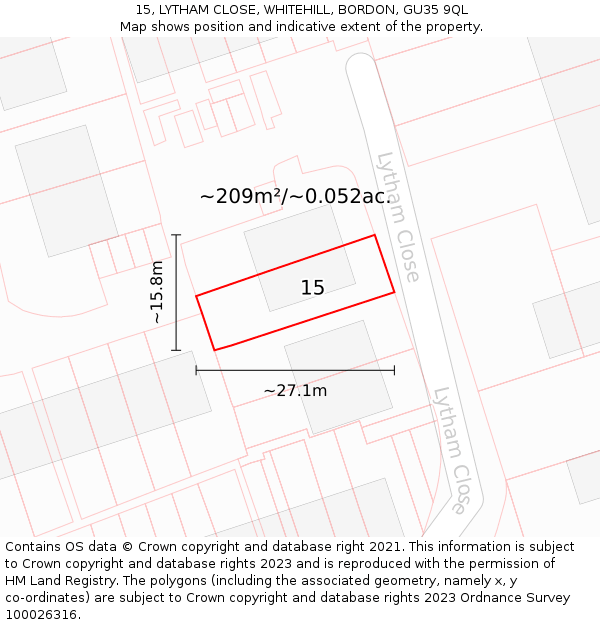 15, LYTHAM CLOSE, WHITEHILL, BORDON, GU35 9QL: Plot and title map