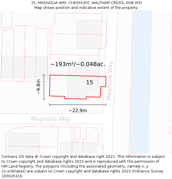 15, MAGNOLIA WAY, CHESHUNT, WALTHAM CROSS, EN8 0FD: Plot and title map