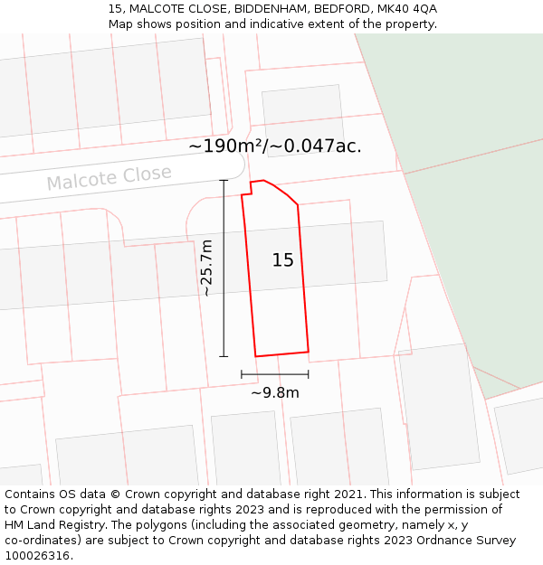 15, MALCOTE CLOSE, BIDDENHAM, BEDFORD, MK40 4QA: Plot and title map