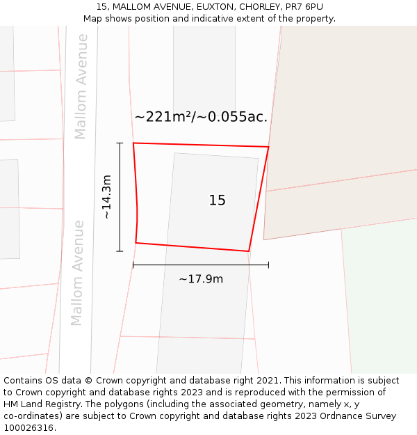 15, MALLOM AVENUE, EUXTON, CHORLEY, PR7 6PU: Plot and title map