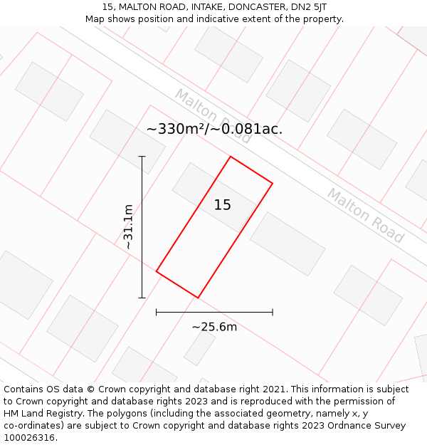 15, MALTON ROAD, INTAKE, DONCASTER, DN2 5JT: Plot and title map
