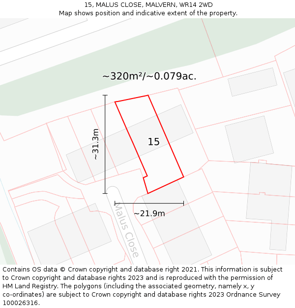 15, MALUS CLOSE, MALVERN, WR14 2WD: Plot and title map