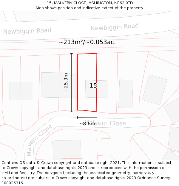 15, MALVERN CLOSE, ASHINGTON, NE63 0TD: Plot and title map