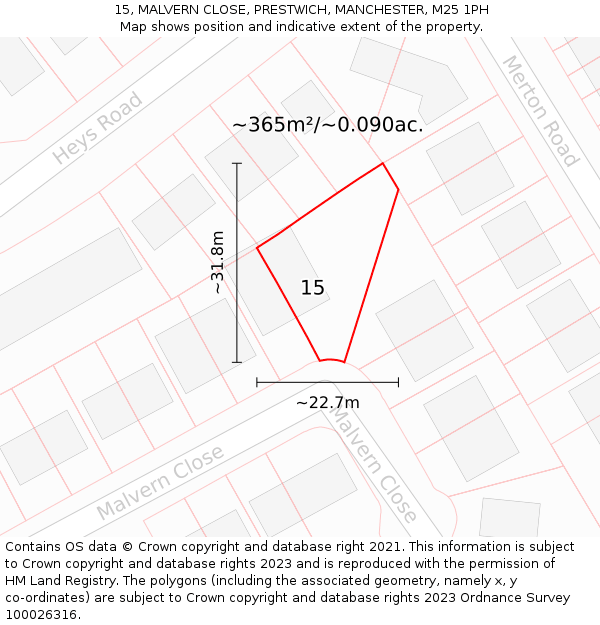 15, MALVERN CLOSE, PRESTWICH, MANCHESTER, M25 1PH: Plot and title map