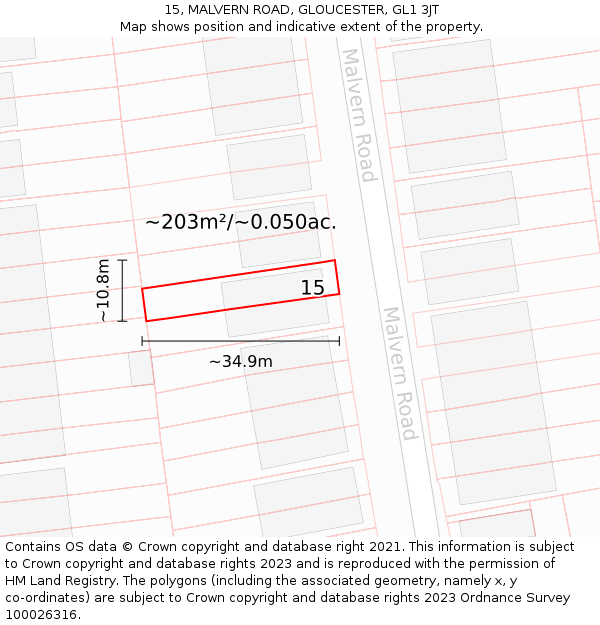 15, MALVERN ROAD, GLOUCESTER, GL1 3JT: Plot and title map