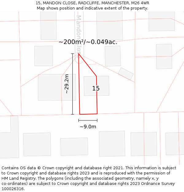 15, MANDON CLOSE, RADCLIFFE, MANCHESTER, M26 4WR: Plot and title map