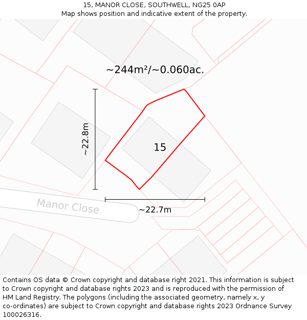 15, MANOR CLOSE, SOUTHWELL, NG25 0AP: Plot and title map