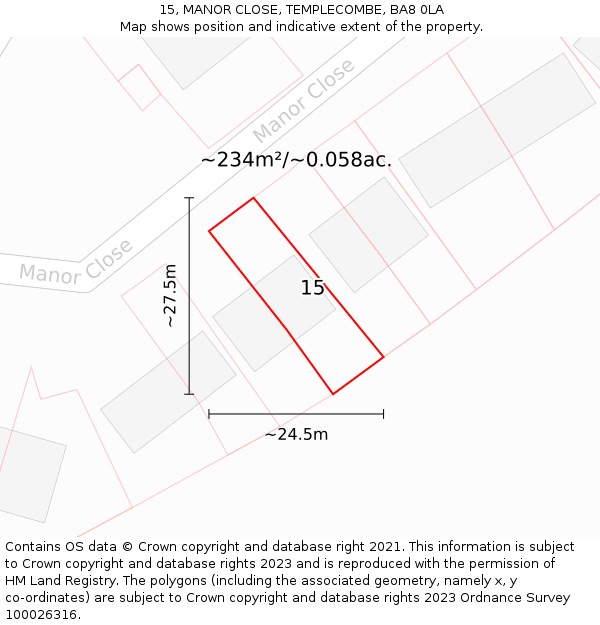 15, MANOR CLOSE, TEMPLECOMBE, BA8 0LA: Plot and title map