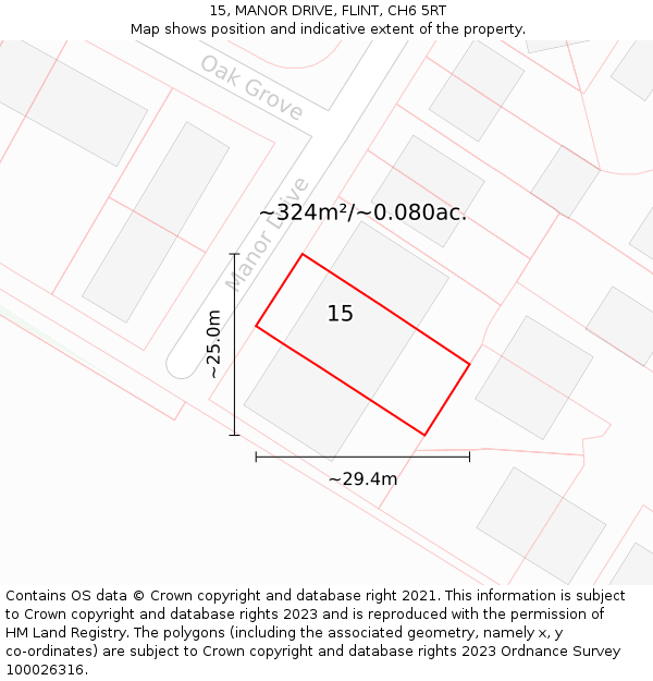 15, MANOR DRIVE, FLINT, CH6 5RT: Plot and title map