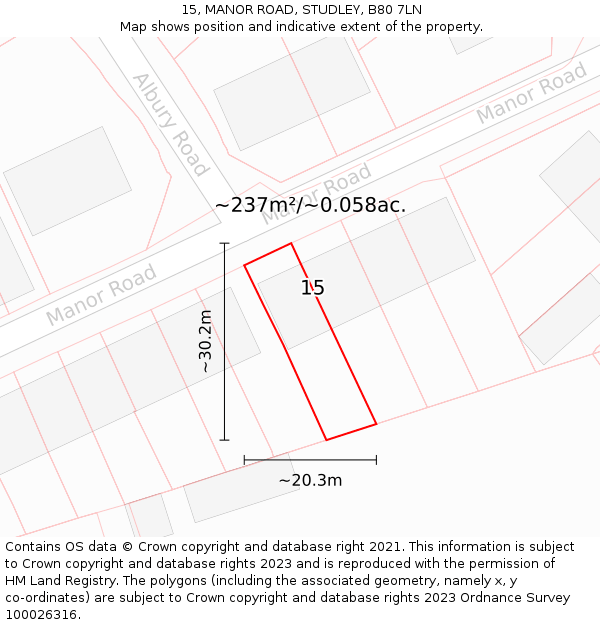 15, MANOR ROAD, STUDLEY, B80 7LN: Plot and title map