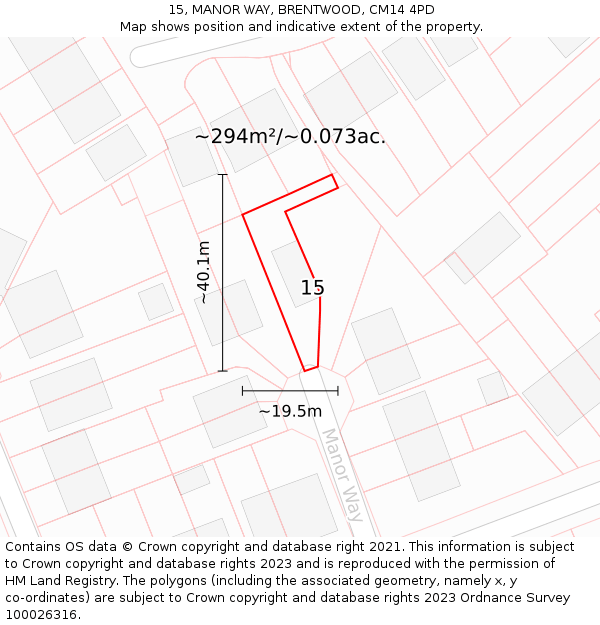 15, MANOR WAY, BRENTWOOD, CM14 4PD: Plot and title map