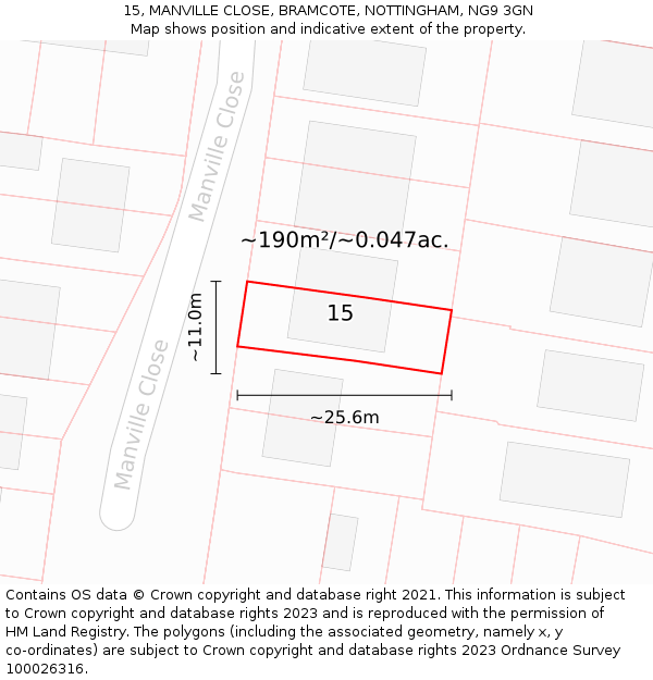15, MANVILLE CLOSE, BRAMCOTE, NOTTINGHAM, NG9 3GN: Plot and title map