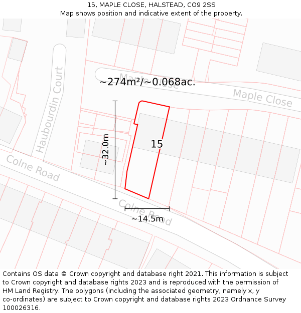 15, MAPLE CLOSE, HALSTEAD, CO9 2SS: Plot and title map