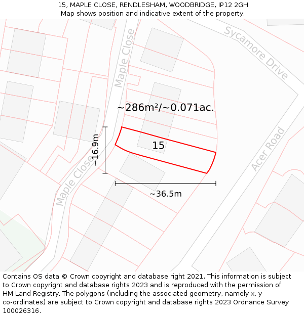 15, MAPLE CLOSE, RENDLESHAM, WOODBRIDGE, IP12 2GH: Plot and title map