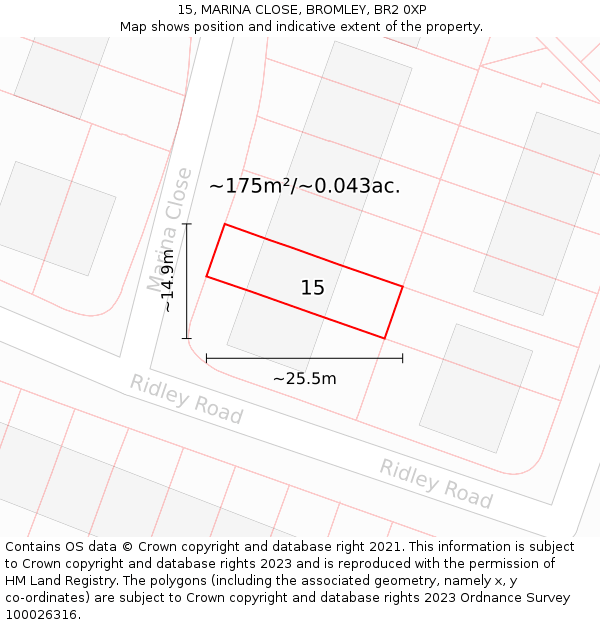 15, MARINA CLOSE, BROMLEY, BR2 0XP: Plot and title map