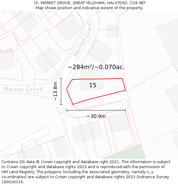 15, MARKET GROVE, GREAT YELDHAM, HALSTEAD, CO9 4EF: Plot and title map