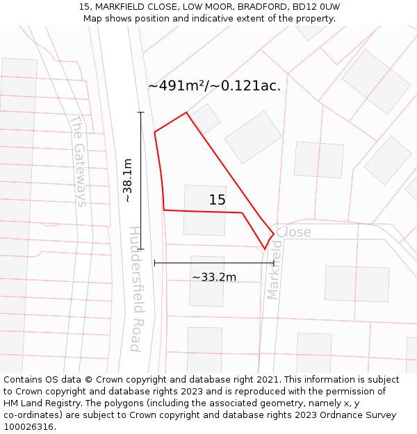 15, MARKFIELD CLOSE, LOW MOOR, BRADFORD, BD12 0UW: Plot and title map