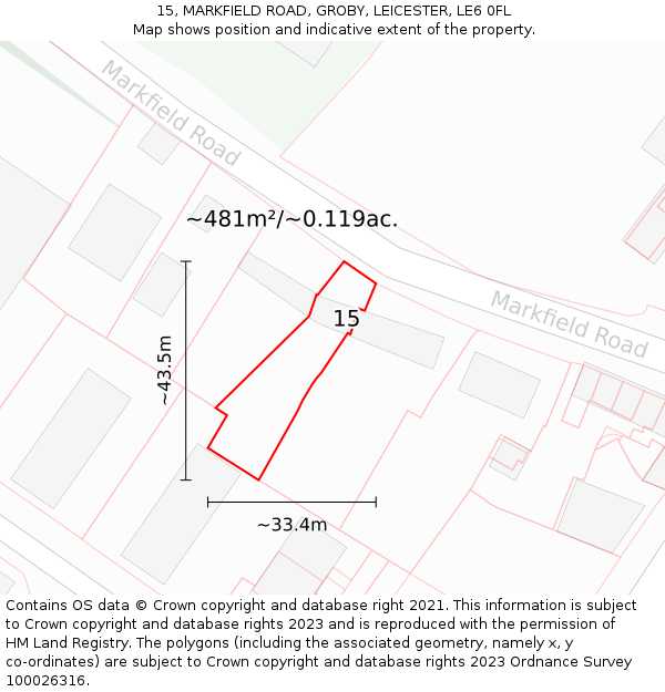 15, MARKFIELD ROAD, GROBY, LEICESTER, LE6 0FL: Plot and title map