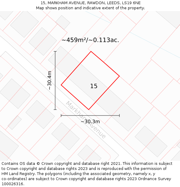 15, MARKHAM AVENUE, RAWDON, LEEDS, LS19 6NE: Plot and title map
