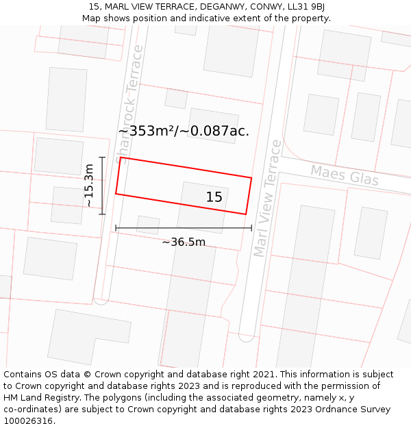 15, MARL VIEW TERRACE, DEGANWY, CONWY, LL31 9BJ: Plot and title map