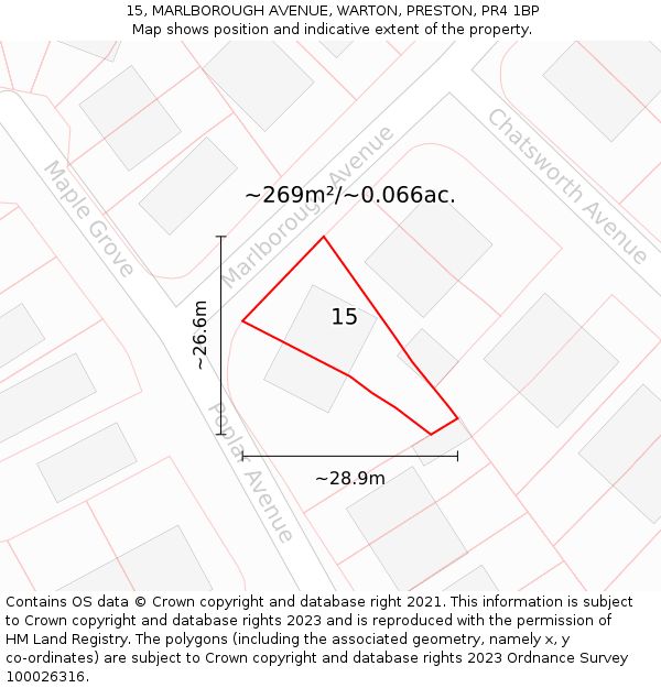15, MARLBOROUGH AVENUE, WARTON, PRESTON, PR4 1BP: Plot and title map
