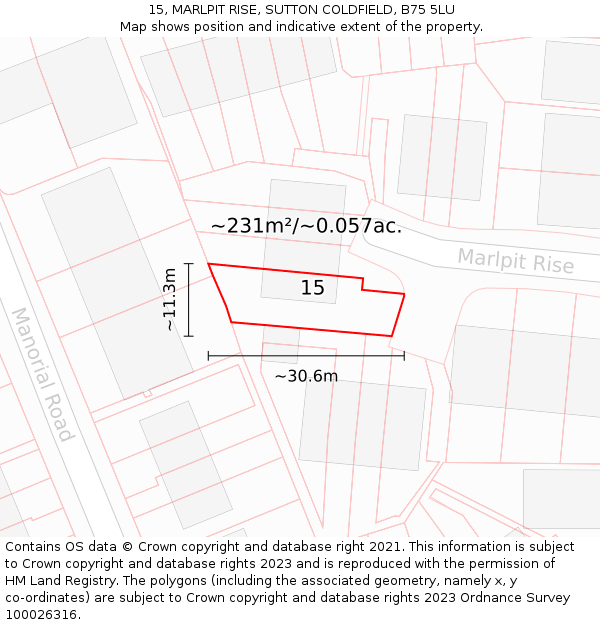 15, MARLPIT RISE, SUTTON COLDFIELD, B75 5LU: Plot and title map