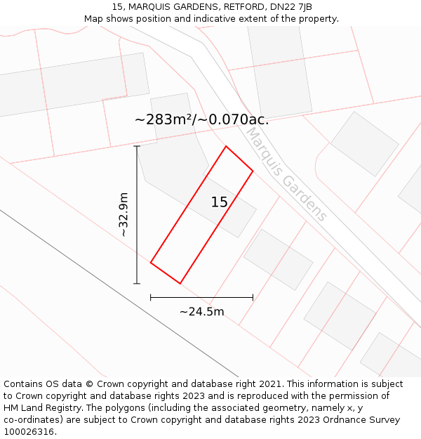 15, MARQUIS GARDENS, RETFORD, DN22 7JB: Plot and title map